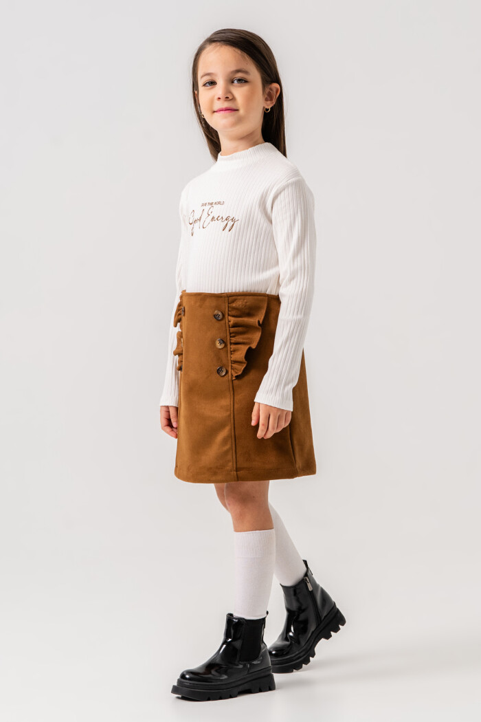 Kız Çocuk Taba Fırfırlı Düğme Detaylı Süet 3-7 Yaş Etekli Takım 3708-3