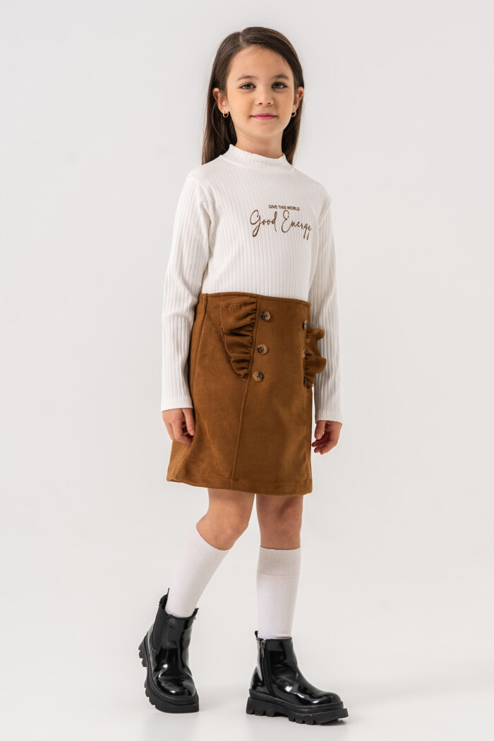 Kız Çocuk Taba Fırfırlı Düğme Detaylı Süet 3-7 Yaş Etekli Takım 3708-3