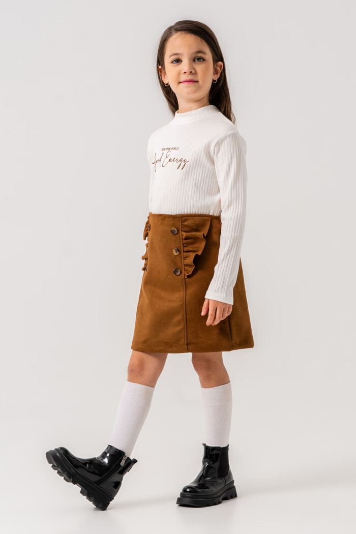 Kız Çocuk Taba Fırfırlı Düğme Detaylı Süet 3-7 Yaş Etekli Takım 3708-3