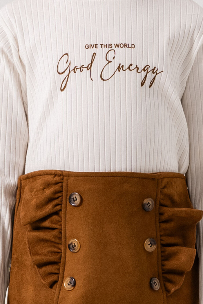 Kız Çocuk Taba Fırfırlı Düğme Detaylı Süet 3-7 Yaş Etekli Takım 3708-3