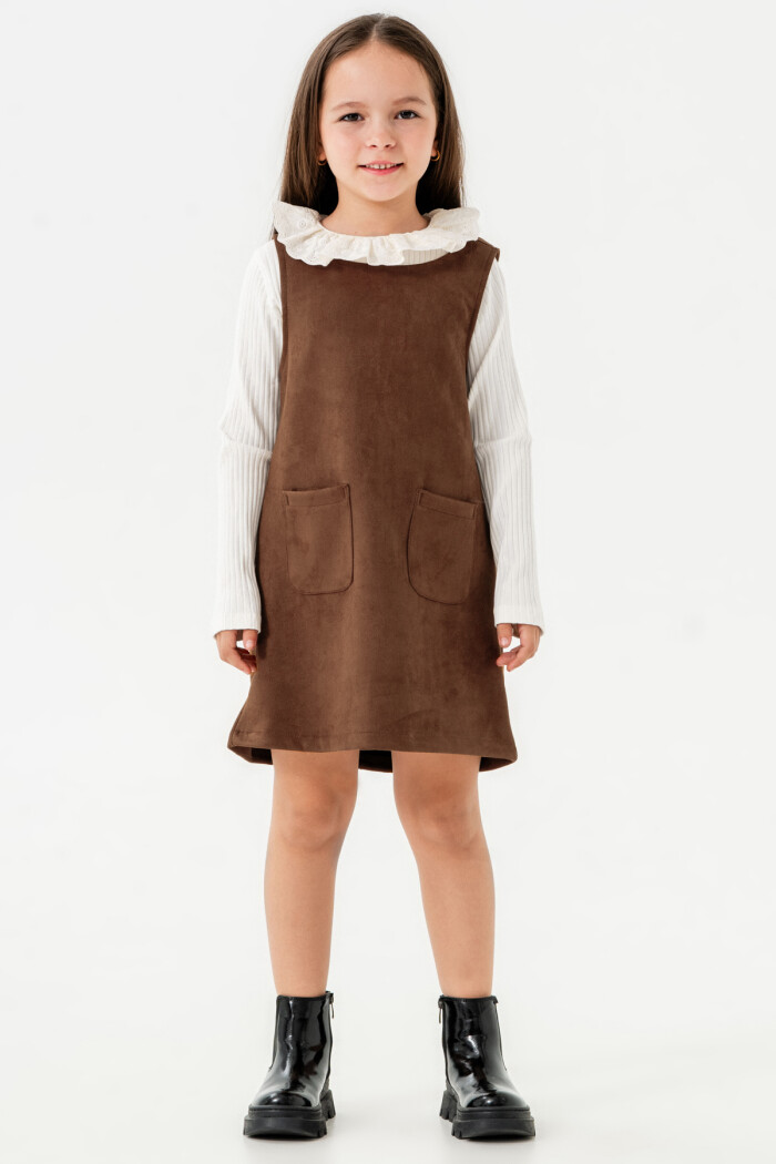 Kız Çocuk Taba Yaka Detaylı Cepli 3-7 Yaş Badili Elbise - 3701-2