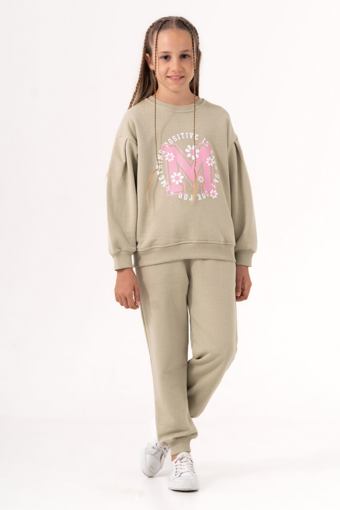 Kız Çocuk Yeşil Baskılı Ribana Paça 5-9 Yaş Takım - 3573-4