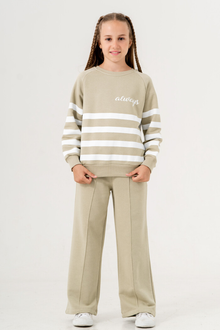 Kız Çocuk Yeşil Çizgili Bisiklet Yaka 5-9 Yaş Takım -3574-3