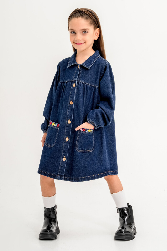 Kot Elbise Çiçek Nakışlı Kız Çocuk 3-7 Yaş Lacivert 3765-2