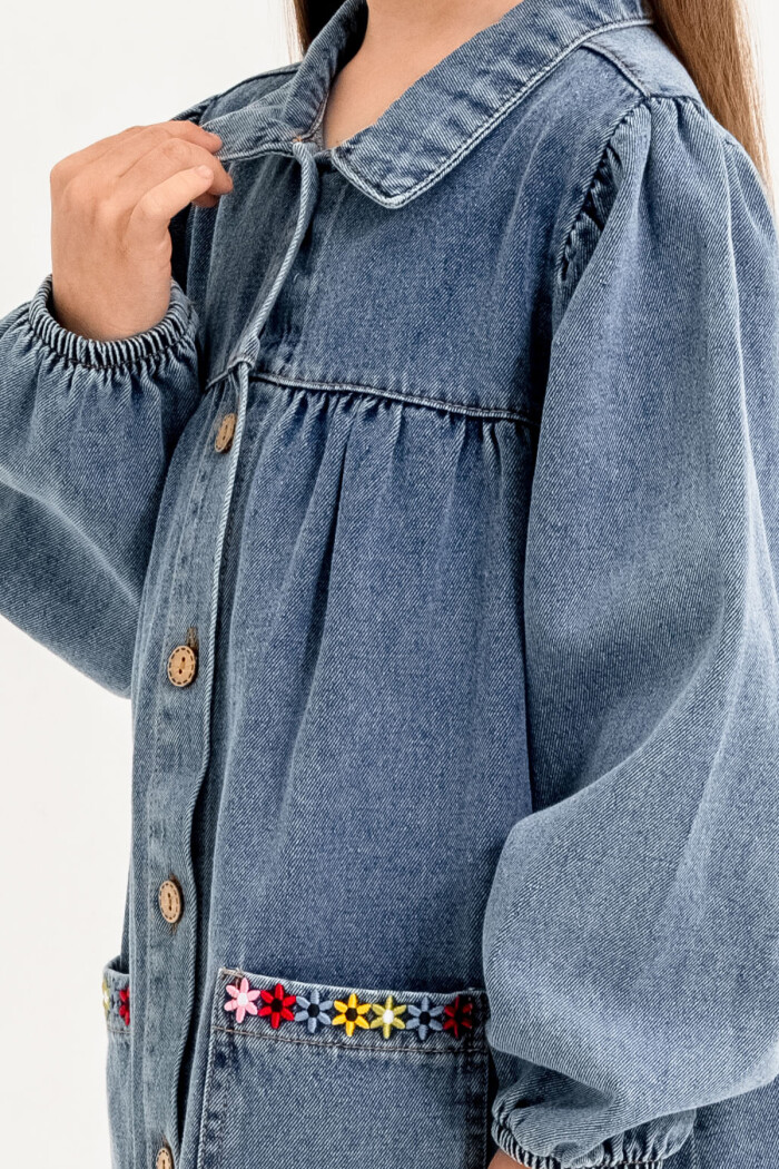 Kot Elbise Çiçek Nakışlı Kız Çocuk 3-7 Yaş Mavi 3765-1