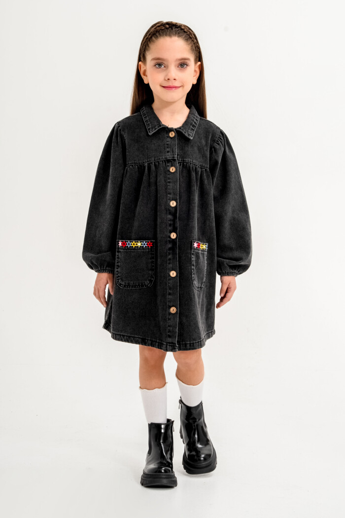 Kot Elbise Çiçek Nakışlı Kız Çocuk 3-7 Yaş Siyah 3765-3