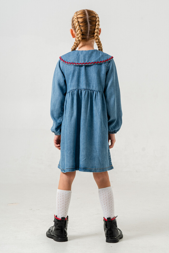 Kot Elbise Kiraz Nakışlı Kız Çocuk 3-7 Yaş Mavi 3744-1