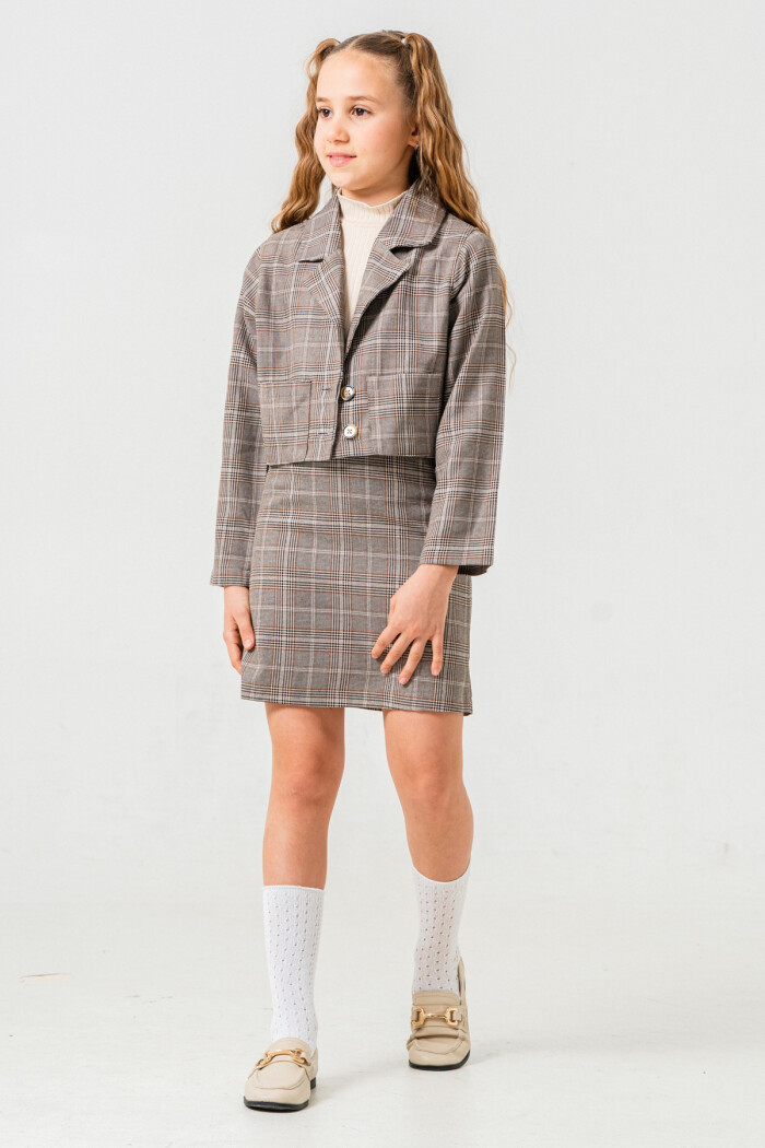 Kruvaze Ceketli Üçlü Etekli Takım 5-9 Yaş Kahve 3759-2