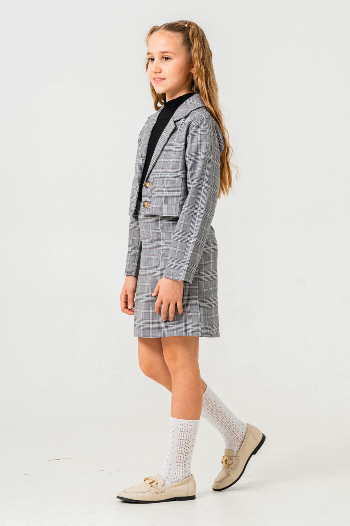 Kruvaze Ceketli Üçlü Etekli Takım 5-9 Yaş Gri 3759-1