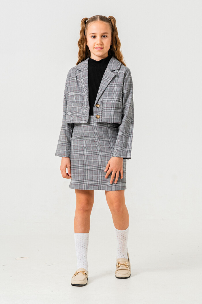 Kruvaze Ceketli Üçlü Etekli Takım 5-9 Yaş Gri 3759-1