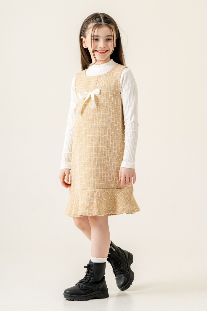 Kurdele Detaylı Badili Parıltılı Elbise Kız Çocuk 5-9 Yaş Bej 3777-4