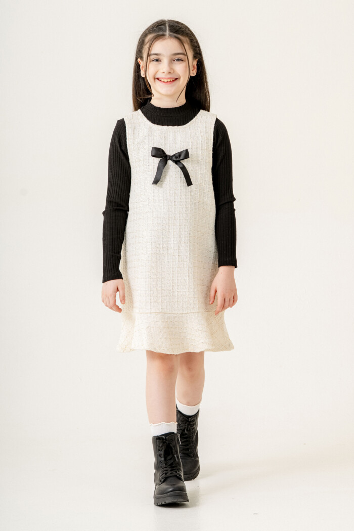 Kurdele Detaylı Badili Parıltılı Elbise Kız Çocuk 5-9 Yaş Ekru 3777-1