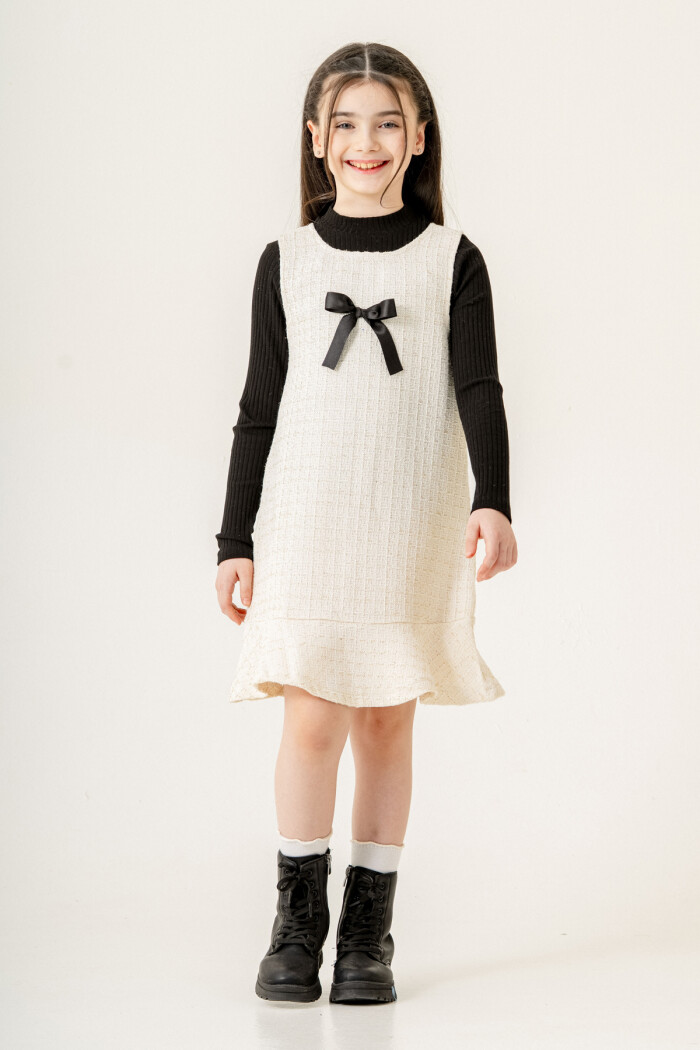 Kurdele Detaylı Badili Parıltılı Elbise Kız Çocuk 5-9 Yaş Ekru 3777-1