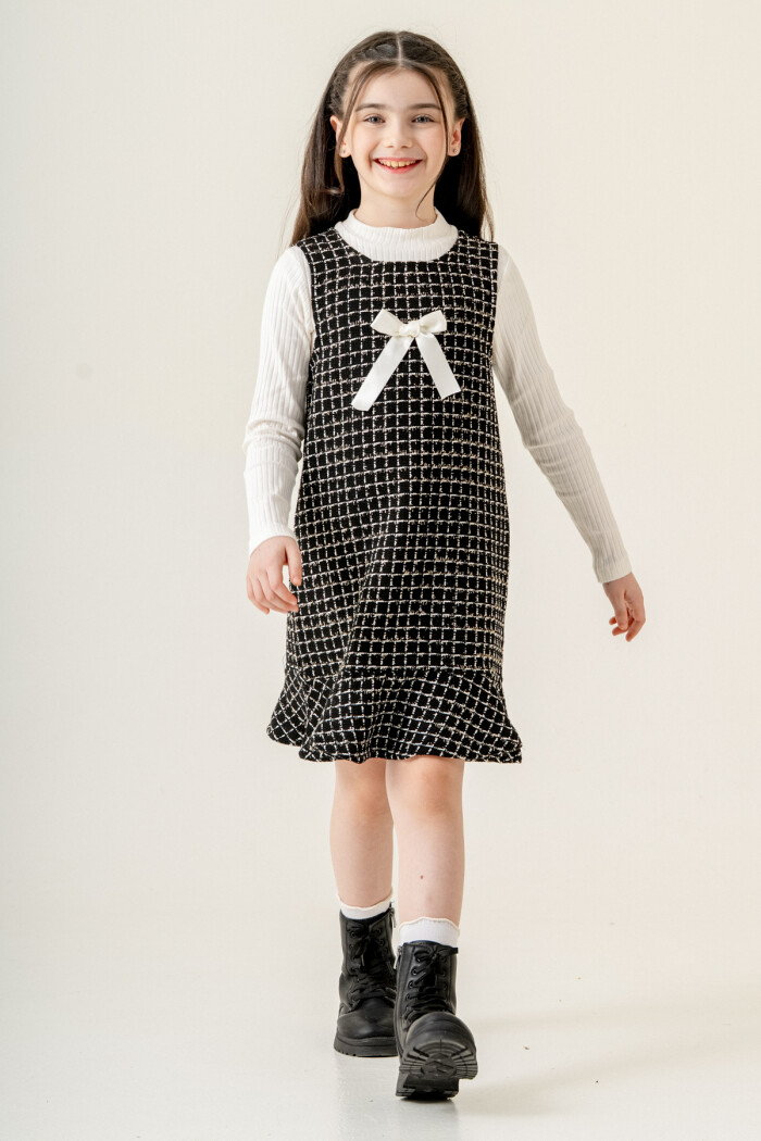 Kurdele Detaylı Badili Parıltılı Elbise Kız Çocuk 5-9 Yaş Siyah 3777-2