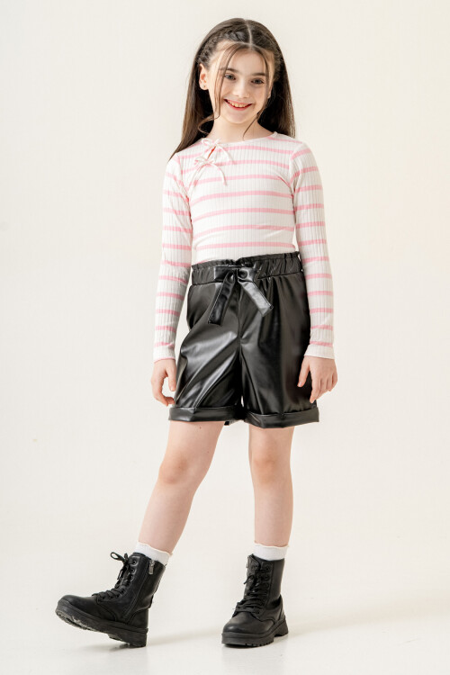 Çizgili Badili Deri Şortlu Kız Çocuk Takım 5-9 Yaş Pembe 3775-3