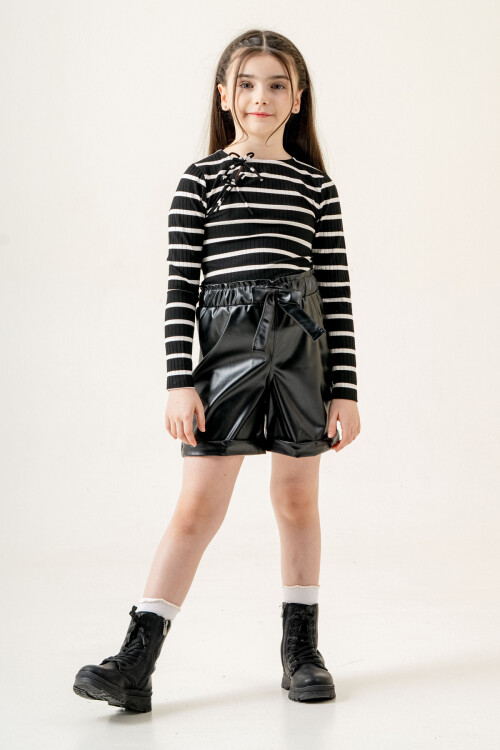 Çizgili Badili Deri Şortlu Kız Çocuk Takım 5-9 Yaş Siyah 3775-2