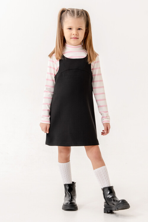 Çizgili Badili Yarım Balıkçı Yaka Kız Çocuk Elbise 3-7 Yaş Pembe 3754-4