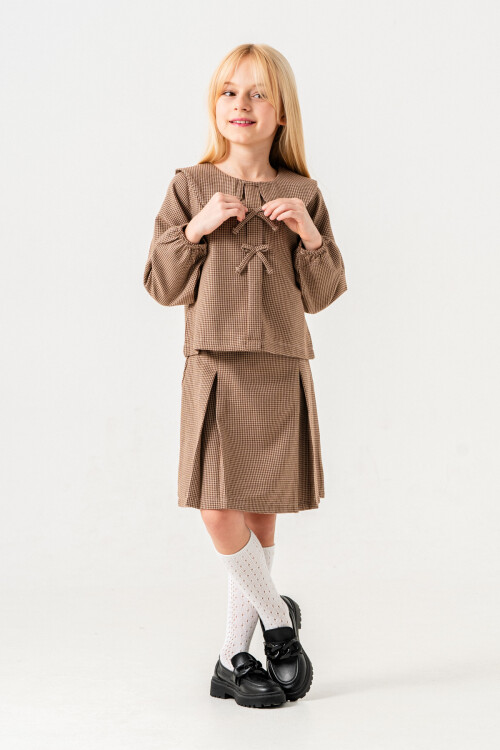 Kazayağı Desenli Kız Çocuk Etekli Takım 3-7 Yaş Kahve 3737-1