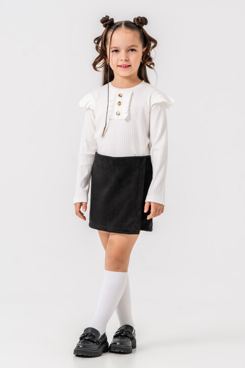 Kız Çocuk Siyah Düğme ve Omuz Detaylı 3-7 Yaş Süet Şort Etekli Takım 3710-3