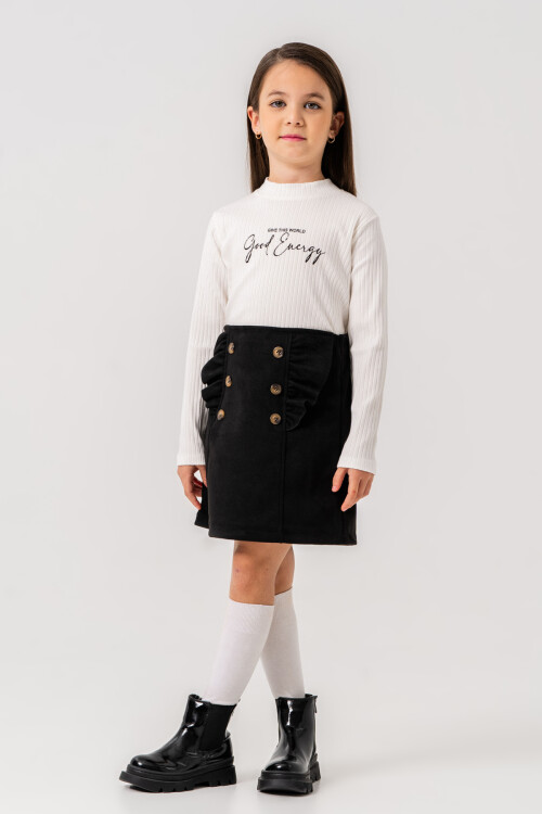 Kız Çocuk Siyah Fırfırlı Düğme Detaylı Süet 3-7 Yaş Etekli Takım 3708-1