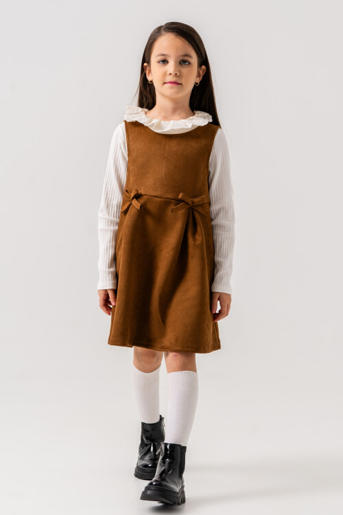 Kız Çocuk Taba Dantel Yaka Kurdele Detaylı 3-7 Yaş Badili Elbise - 3702-1