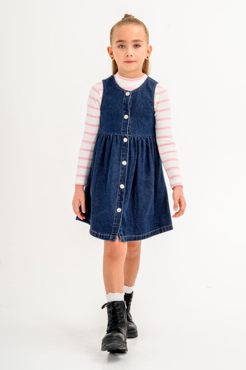 Kot Elbise Çizgili Badili Kız Çocuk 3-7 Yaş Lacivert 3766-1