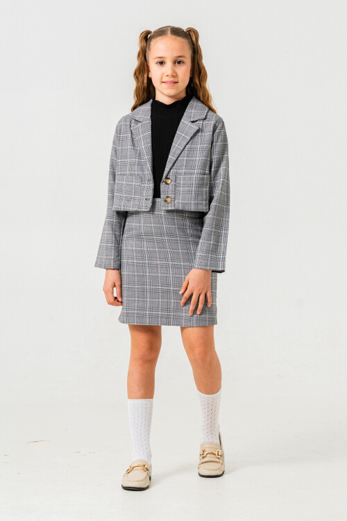 Kruvaze Ceketli Üçlü Etekli Takım 5-9 Yaş Gri 3759-1