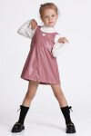 Kız Çocuk Gül Kurusu Deri Elbiseli 3-7 Yaş Takım - 23313-1